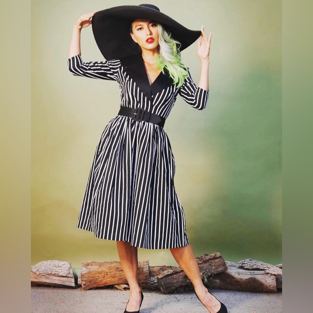 Pinup Girl Clothing Victorian stripe birdie dress